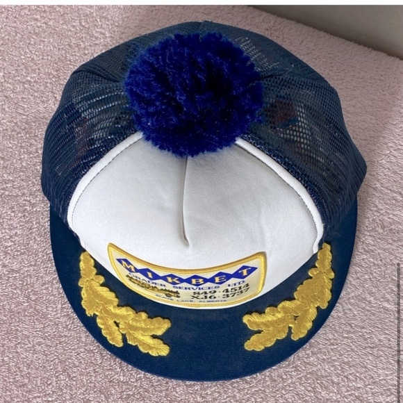 Vintage Mikbet Grader Services Navy Blue Mesh Back Trucker Hat W Pom Pom - Picture 6 of 10